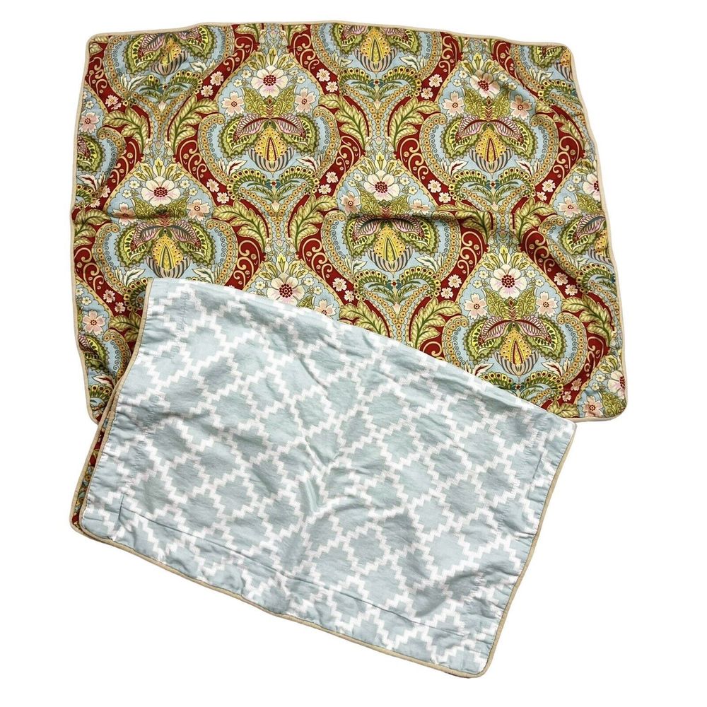 RAYMOND WAITES Aqua Red Yellow Green Paisley (2) Standard Pillow Shams Sateen
